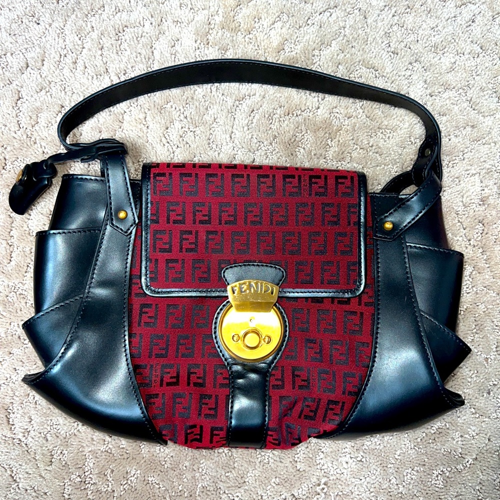 EUC Fendi Black/Red Zucchino Canvas Pochette Evening Bag